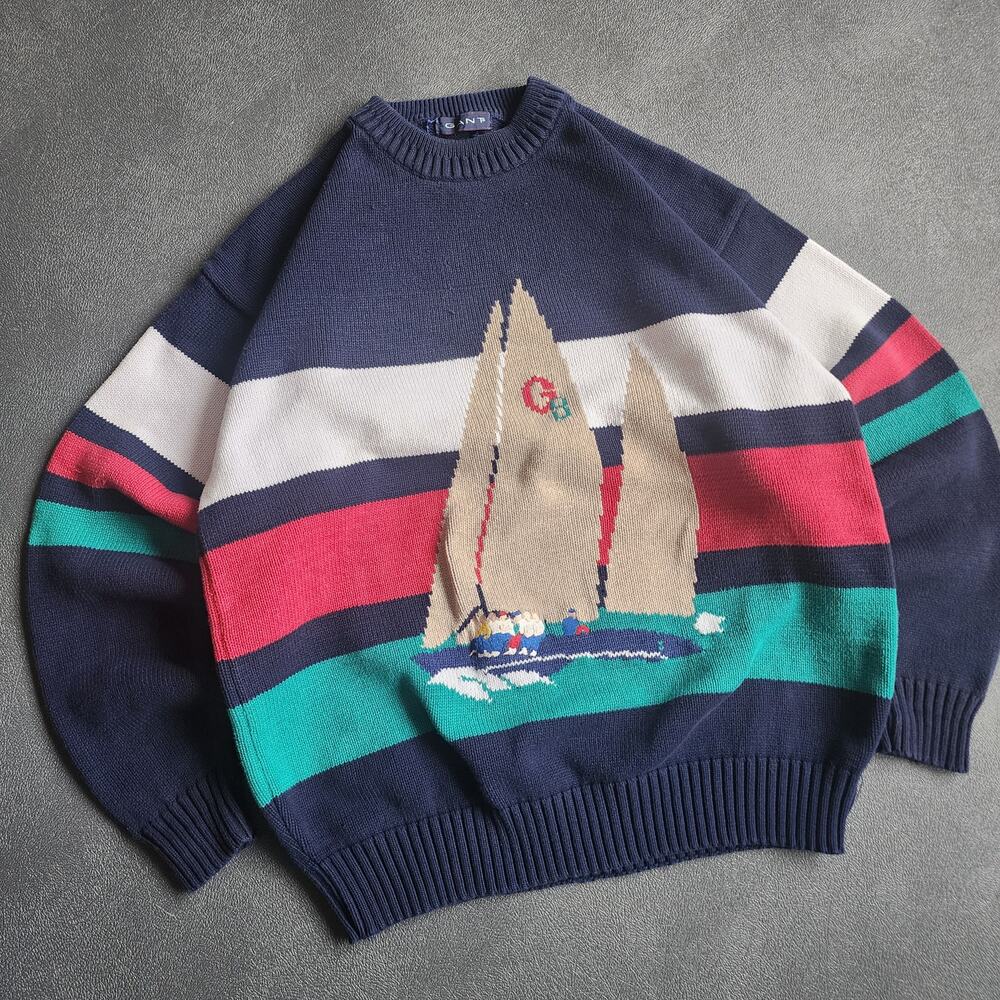 Vintage 90's GANT Sailboat Hand Intarsia Navy Sweater XXLT - Picture 2 of 7